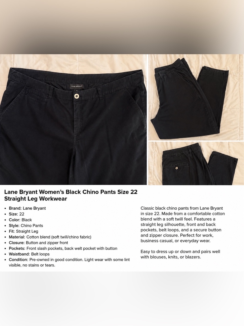 Lane Bryant Black Chino Pants Women’s Size 22 Straight Leg Career Workwear